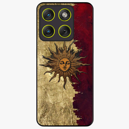 Crimson Sun Majesty Glass Case showing flat back view with radiant sun inspired artwork and glossy glass finish.