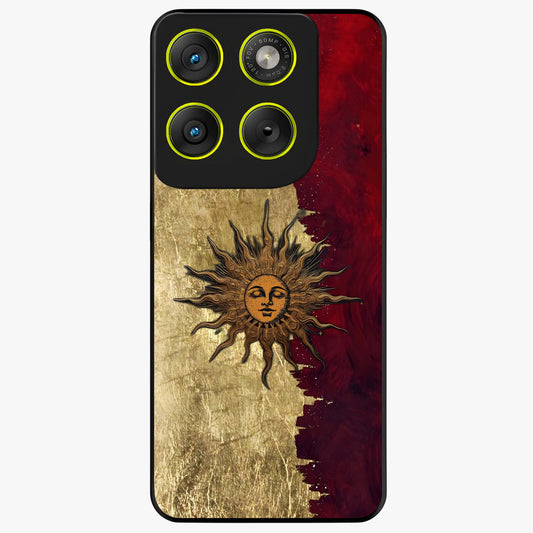 Crimson Sun Majesty Glass Case showing flat back view with radiant sun inspired artwork and glossy glass finish.