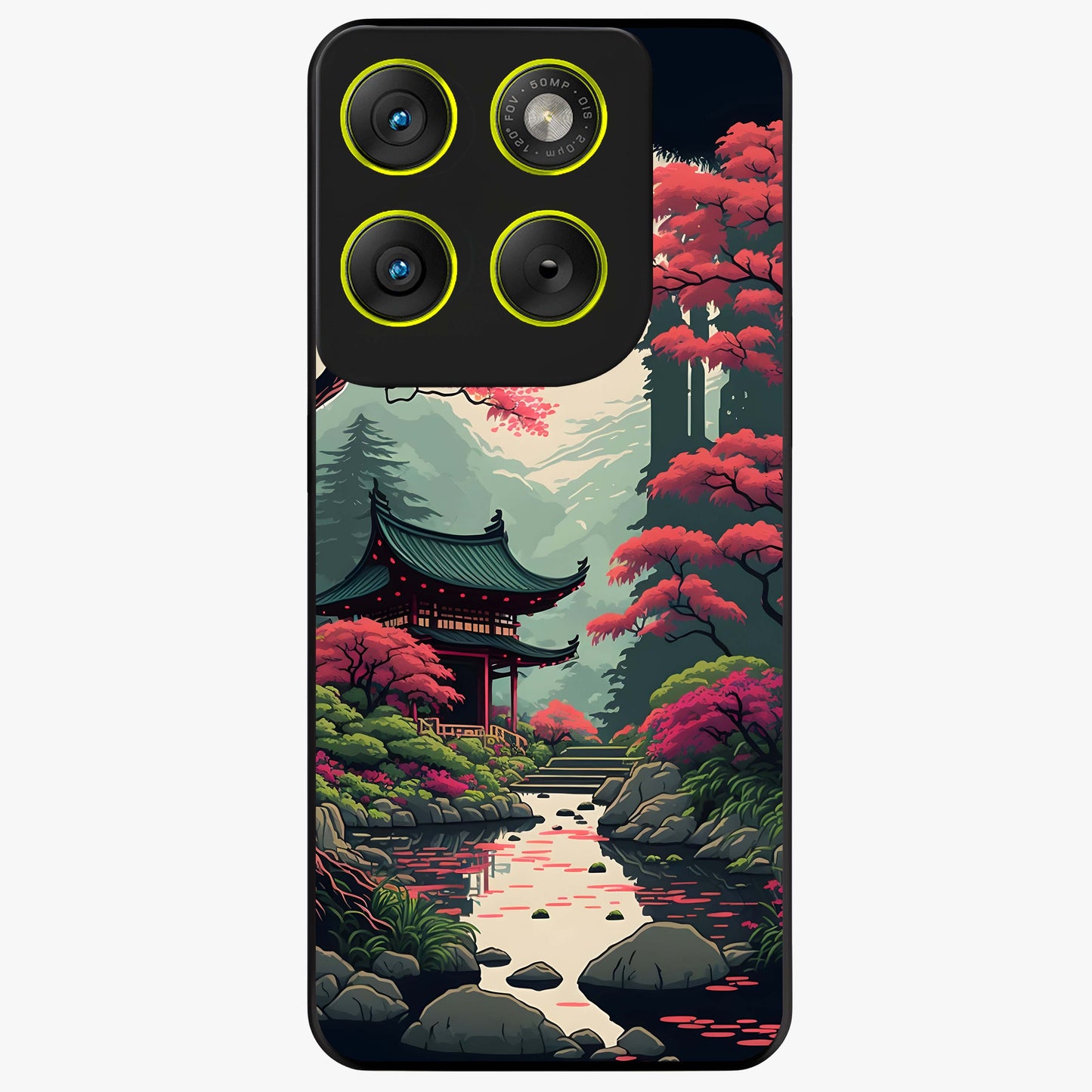 Crimson Temple View Glass Case showing flat back view with temple inspired artwork and glossy glass finish.