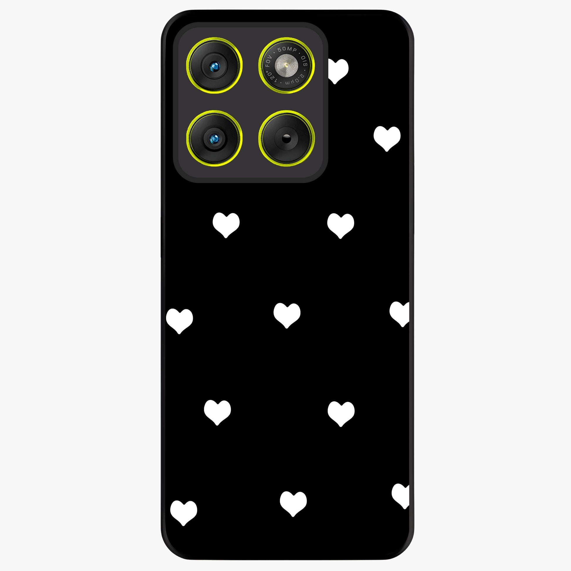 Cute And Simple White Hearts Glass Case showing flat back view with minimal white heart pattern and glossy glass finish.