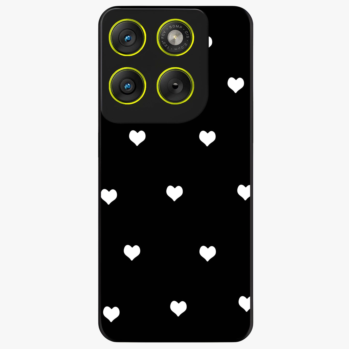 Cute And Simple White Hearts Glass Case showing flat back view with minimal white heart pattern and glossy glass finish.