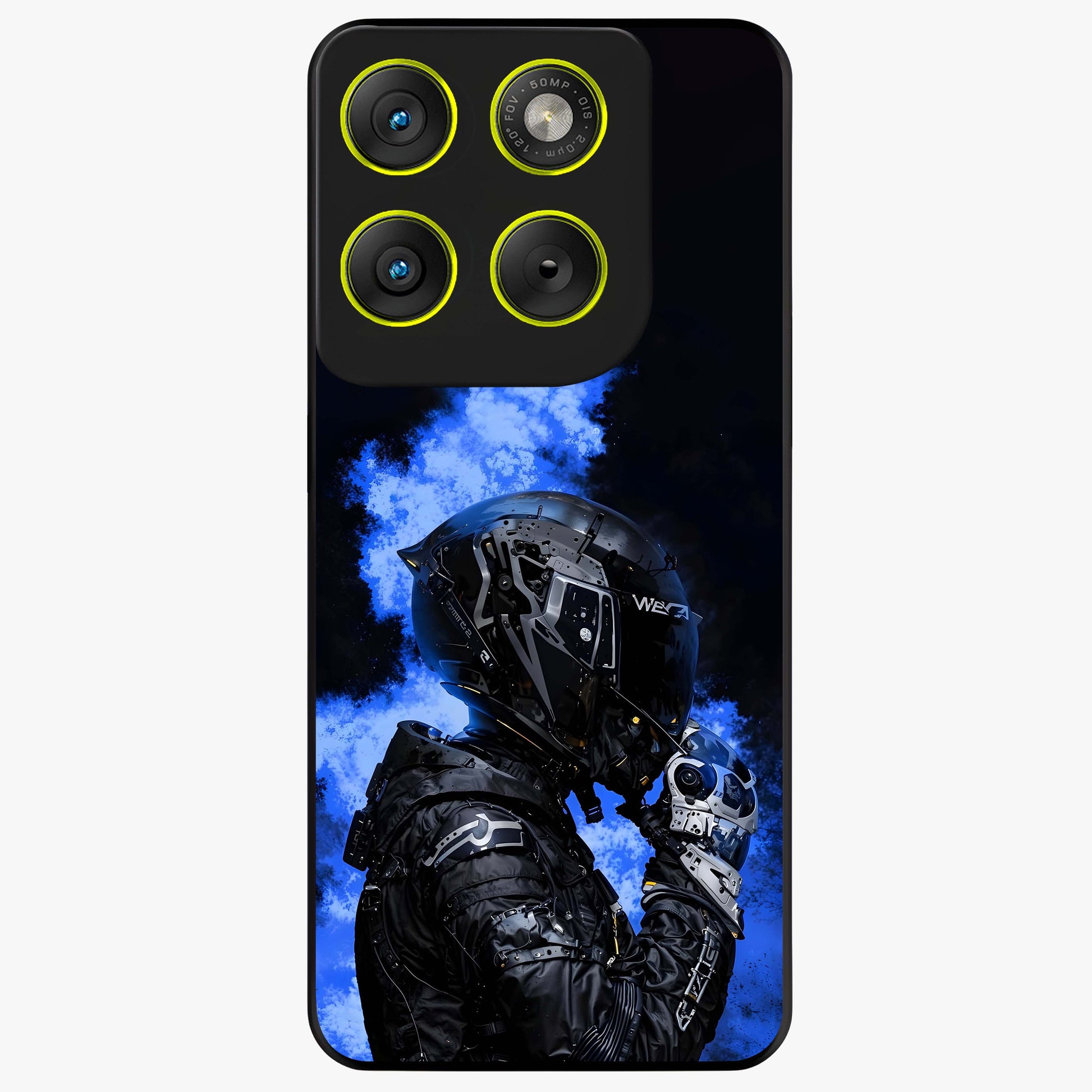Cyber Sentinel Protocol Glass Case showing flat back view with futuristic cyber themed artwork and glossy glass finish.