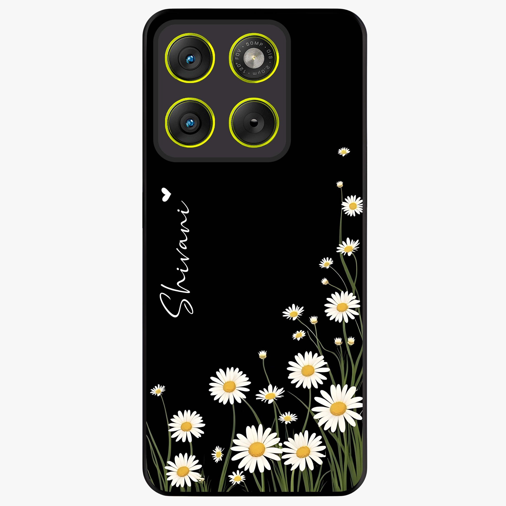 Daisy Cascade Custom Name Glass Case showing flat back view with cascading daisy flowers and personalized name design.
