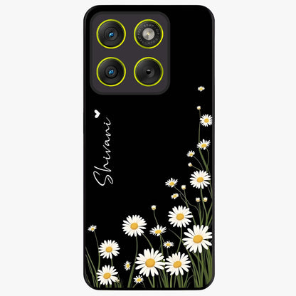 Daisy Cascade Custom Name Glass Case showing flat back view with cascading daisy flowers and personalized name design.