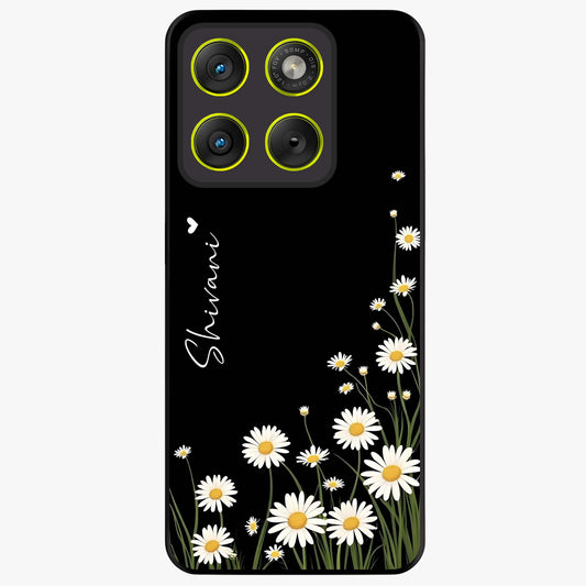 Daisy Cascade Custom Name Glass Case showing flat back view with cascading daisy flowers and personalized name design.