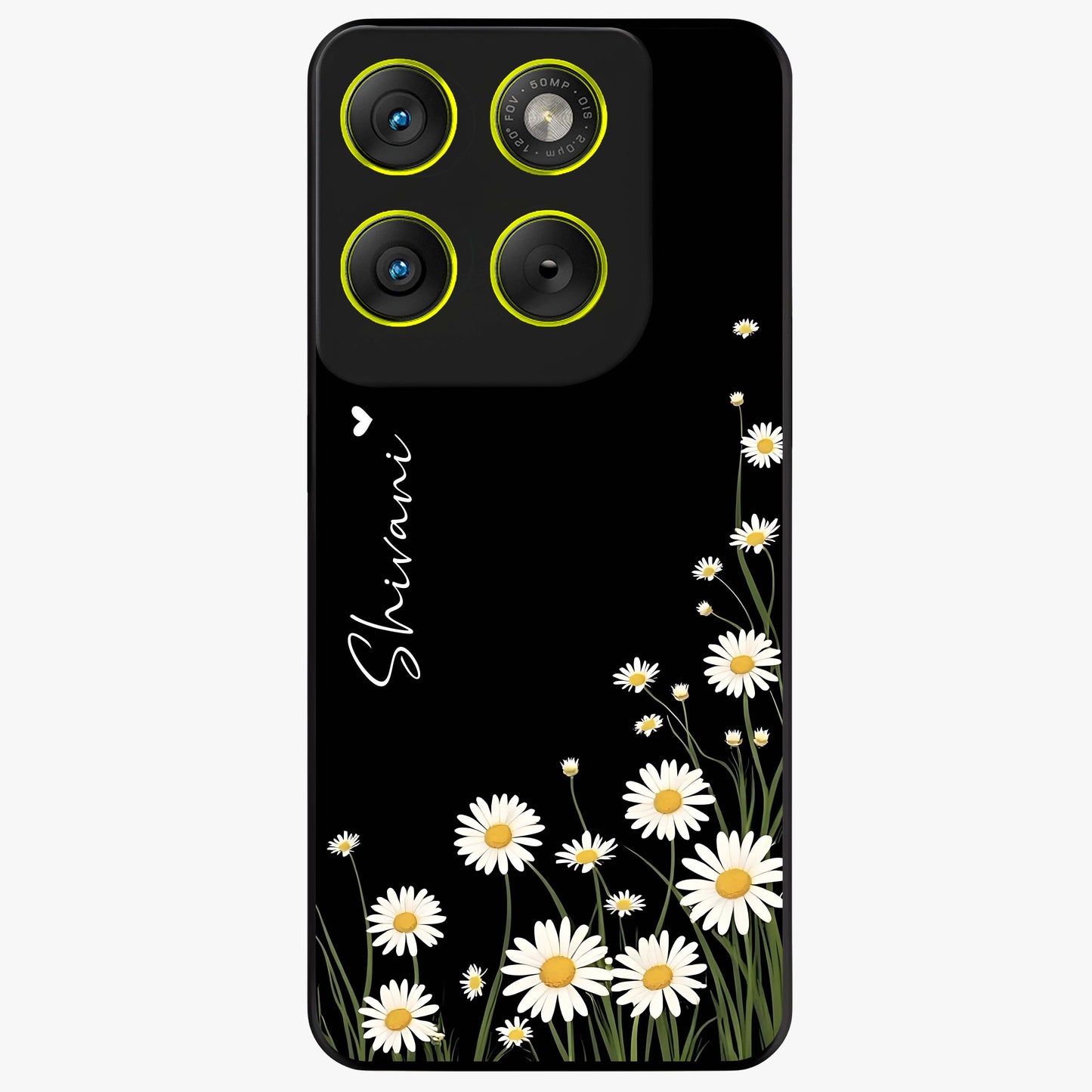 Daisy Cascade Custom Name Glass Case showing flat back view with cascading daisy flowers and personalized name design.