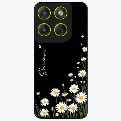 Daisy Cascade Custom Name Glass Case showing flat back view with cascading daisy flowers and personalized name design.