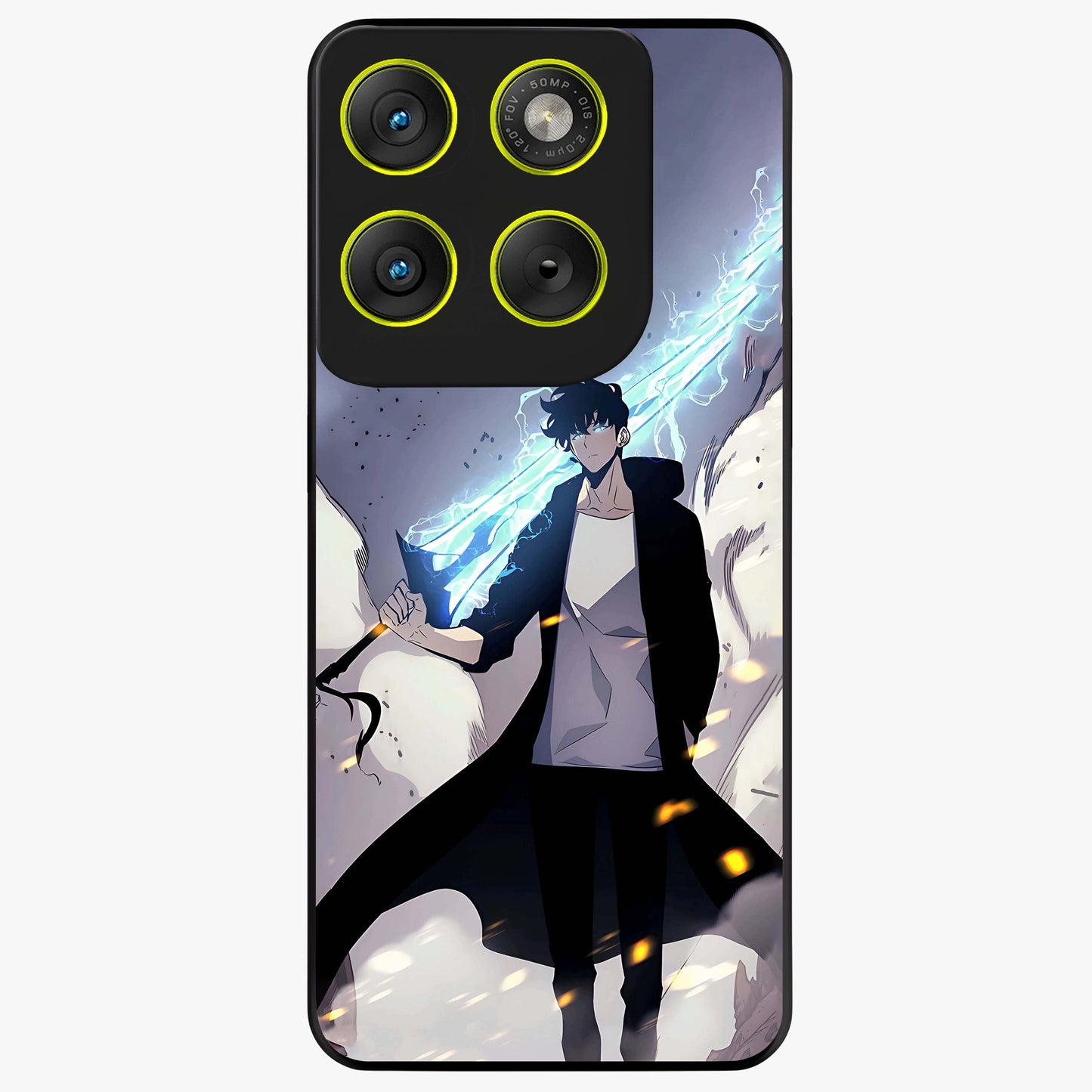 Dark Lightning Anime Warrior Glass Case showing flat back view with intense anime warrior artwork and glossy glass finish.