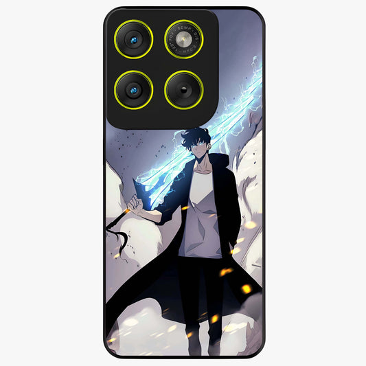 Dark Lightning Anime Warrior Glass Case showing flat back view with intense anime warrior artwork and glossy glass finish.