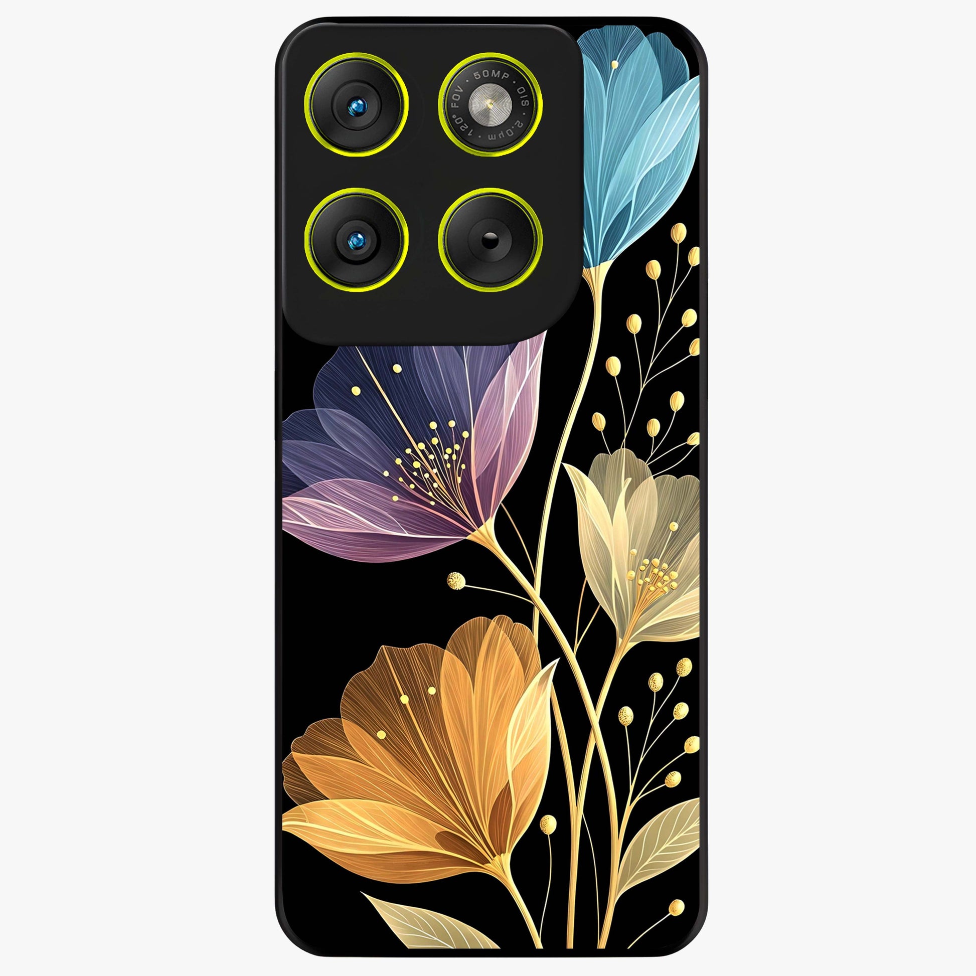 Delicate Multicolor Flowers Glass Case showing flat back view with vibrant floral artwork and glossy glass finish.