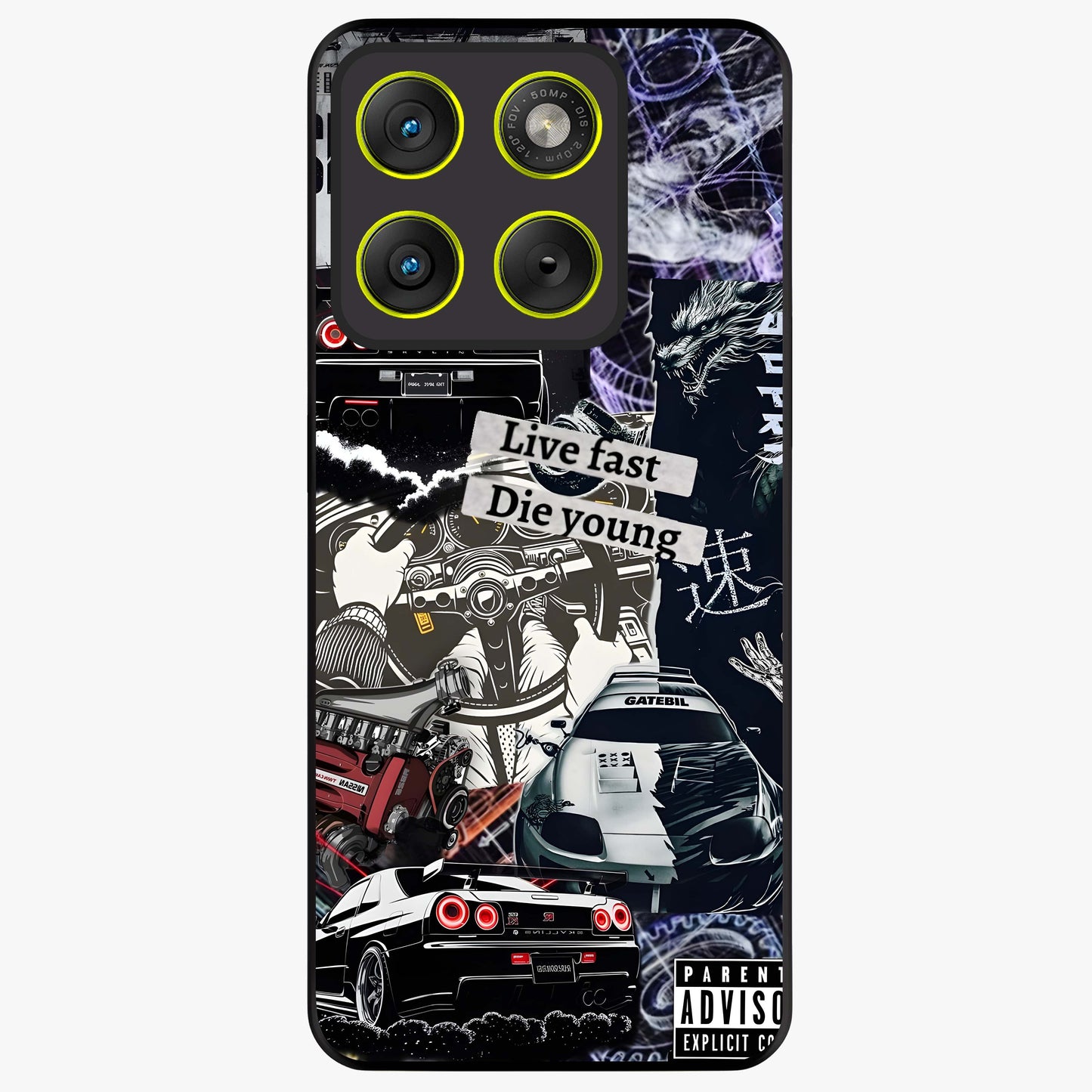 Die Young Glass Case showing flat back view with bold artistic typography design and glossy glass finish.