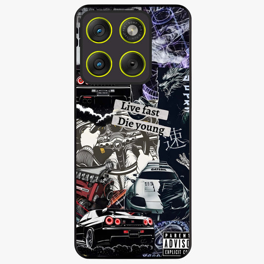 Die Young Glass Case showing flat back view with bold artistic typography design and glossy glass finish.
