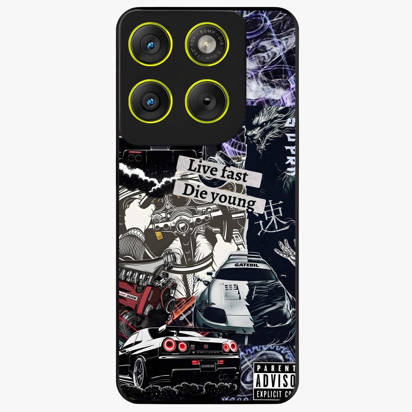 Die Young Glass Case showing flat back view with bold artistic typography design and glossy glass finish.