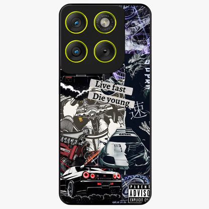 Die Young Glass Case showing flat back view with bold artistic typography design and glossy glass finish.