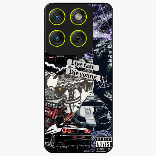Die Young Glass Case showing flat back view with bold artistic typography design and glossy glass finish.