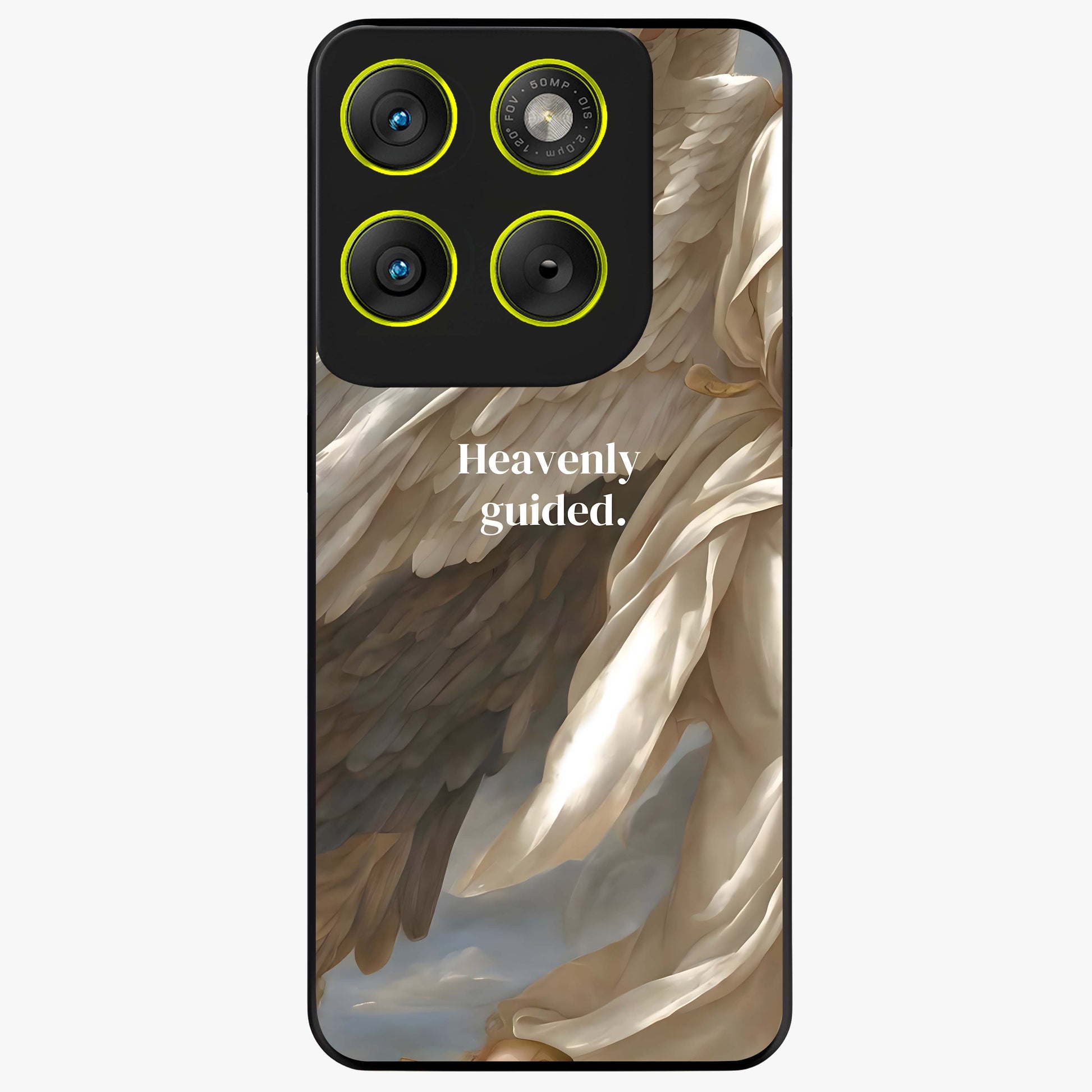 Divine Winged Grace Glass Case showing flat back view with elegant wing inspired artwork and glossy glass finish.