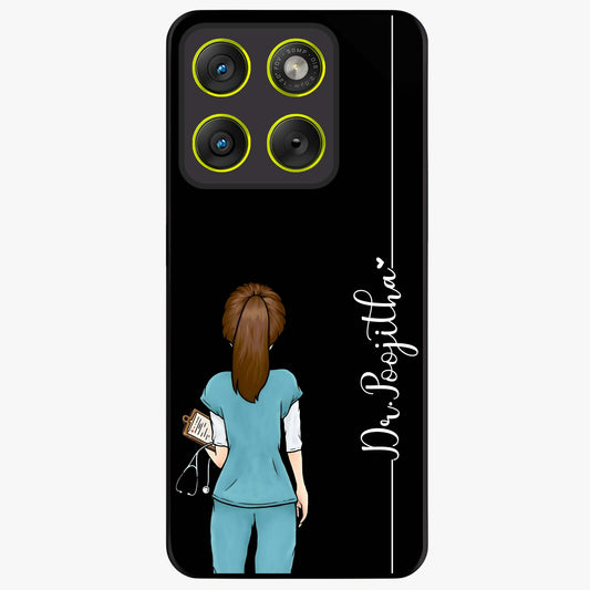 Doctor Pattern Custom Name Glass Case showing flat back view with medical themed pattern and personalized name design.