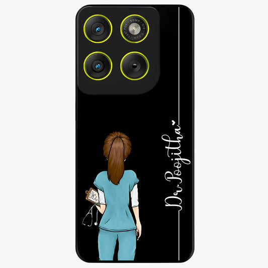 Doctor Pattern Custom Name Glass Case showing flat back view with medical themed pattern and personalized name design.
