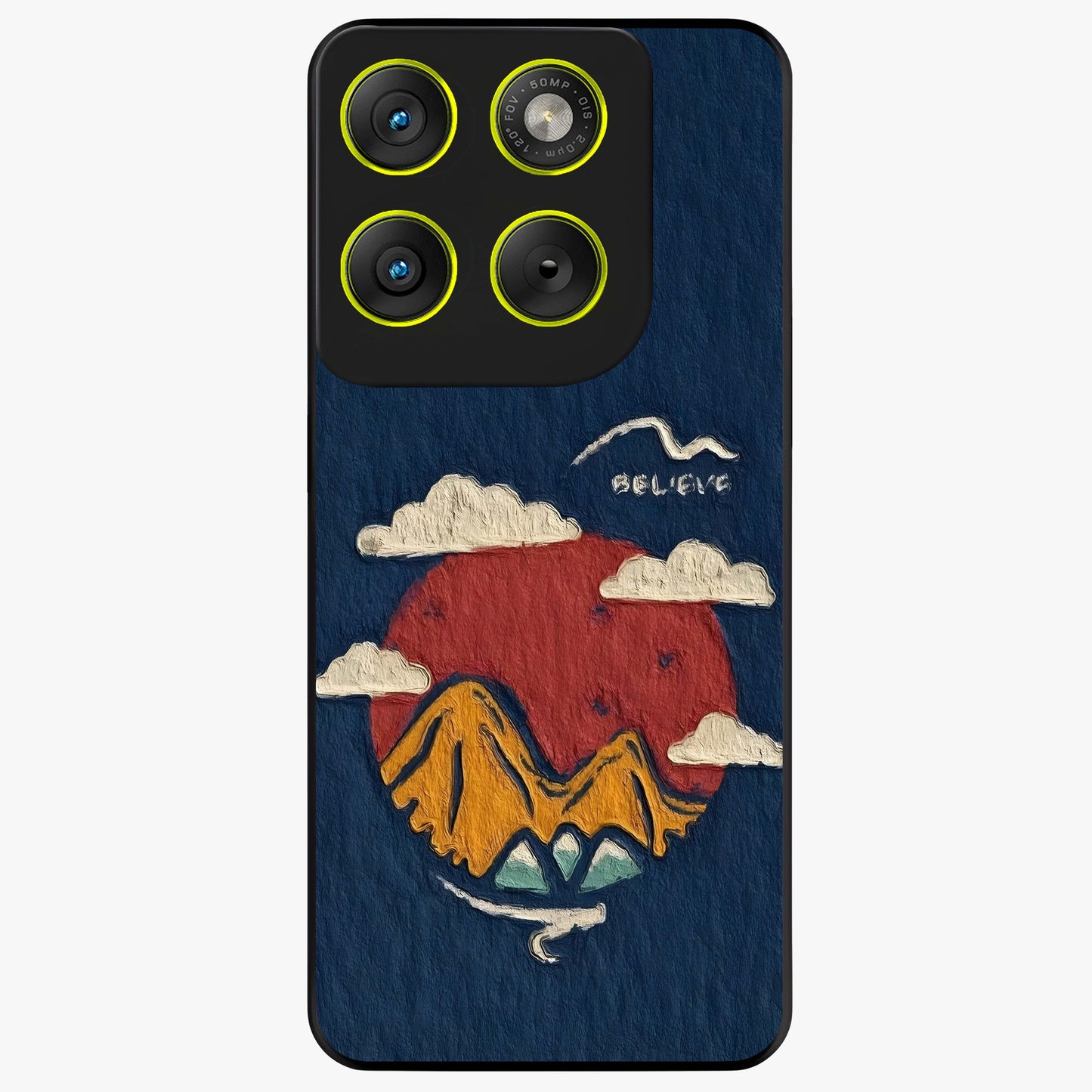 Dream Beyond Mountains Glass Case showing flat back view with scenic mountain landscape artwork and glossy glass finish.
