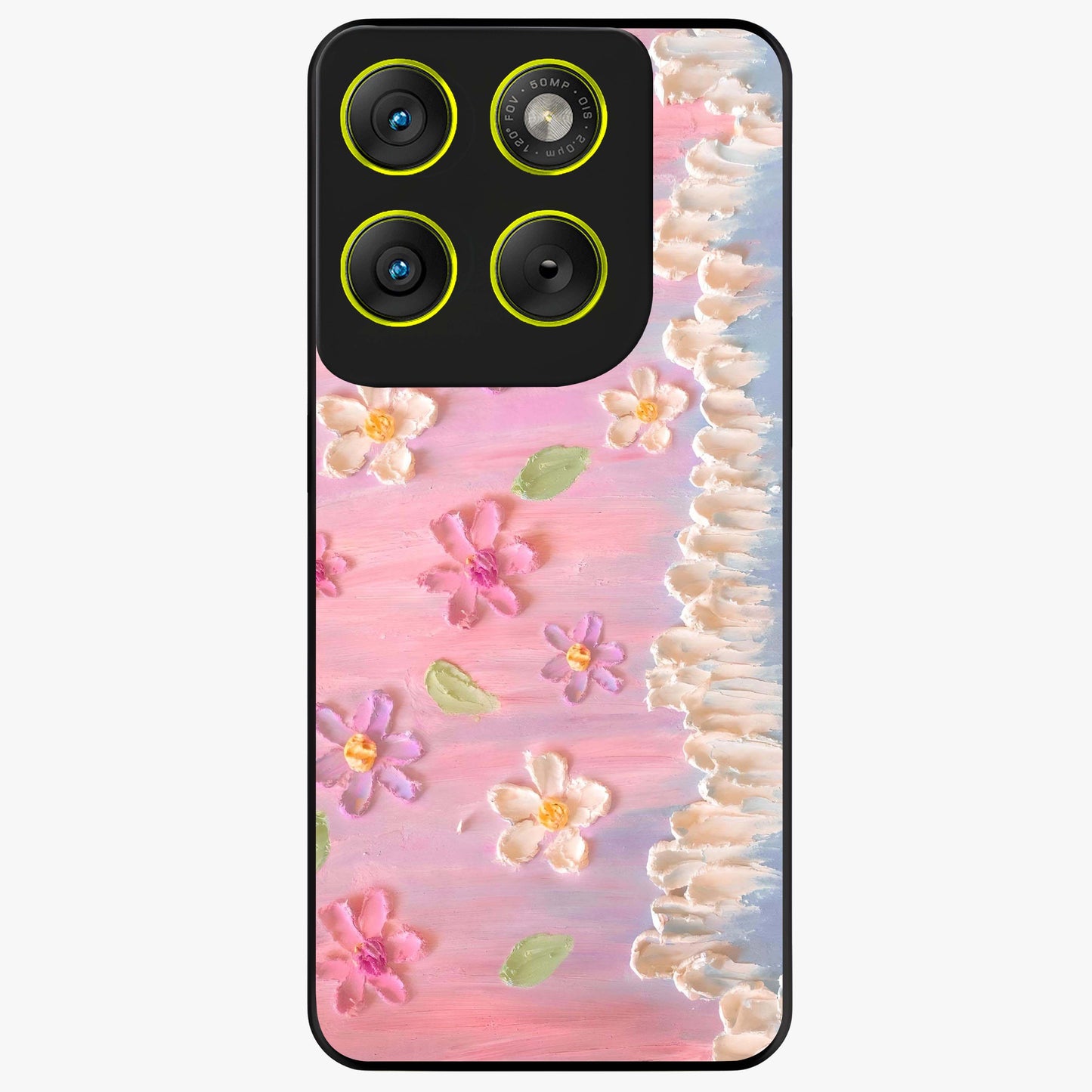 Dreamy Painted Garden Glass Case showing flat back view with artistic painted floral garden artwork and glossy glass finish.