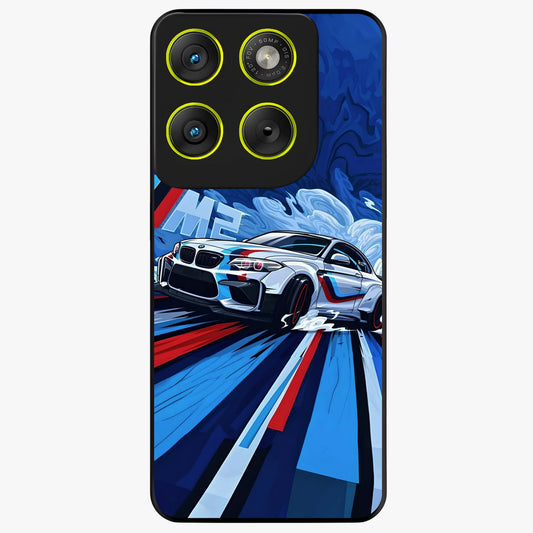 Drift Power Rush Glass Case showing flat back view with dynamic racing inspired artwork and glossy glass finish.