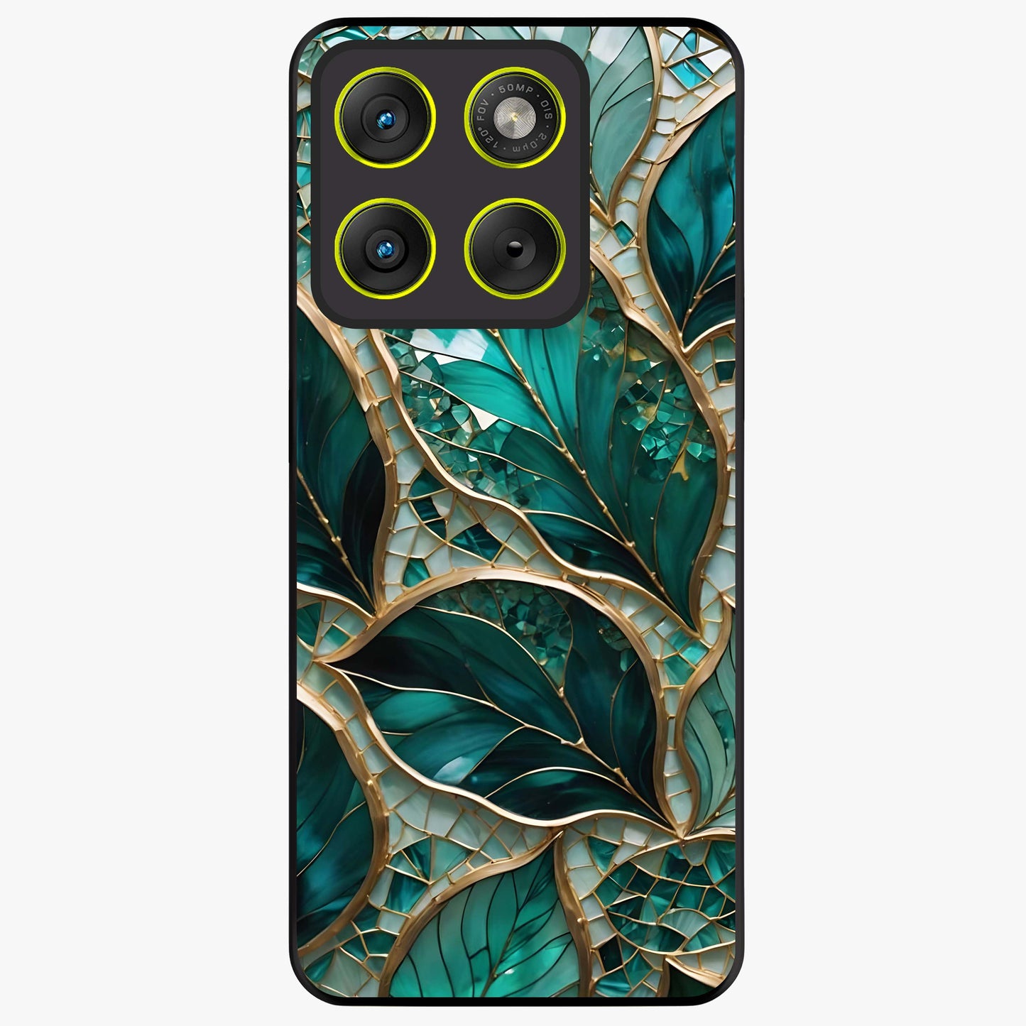 Emerald Leaf Glass Glass Case showing flat back view with emerald green leaf artwork and glossy glass finish.
