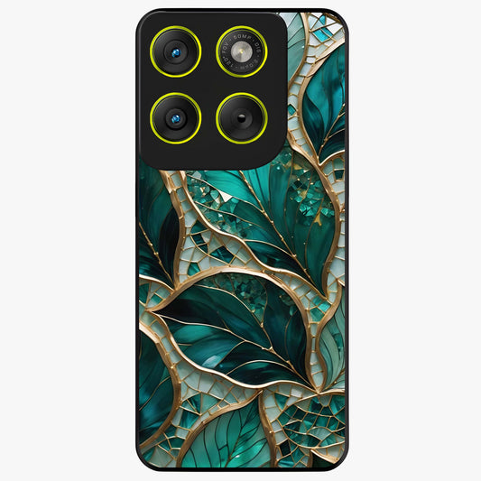 Emerald Leaf Glass Glass Case showing flat back view with emerald green leaf artwork and glossy glass finish.