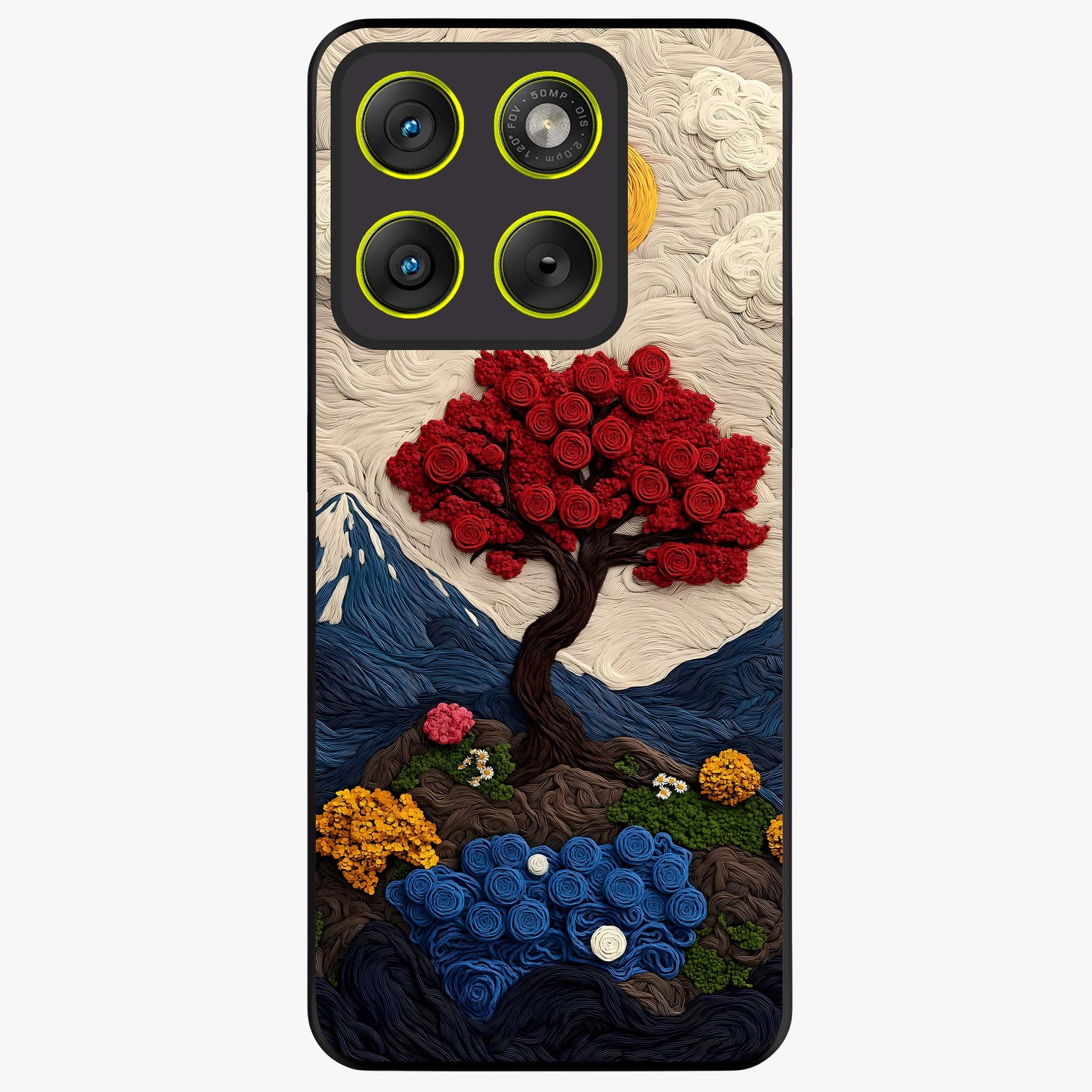 Eternal Nature Tapestry Glass Case showing flat back view with intricate nature tapestry artwork and glossy glass finish.