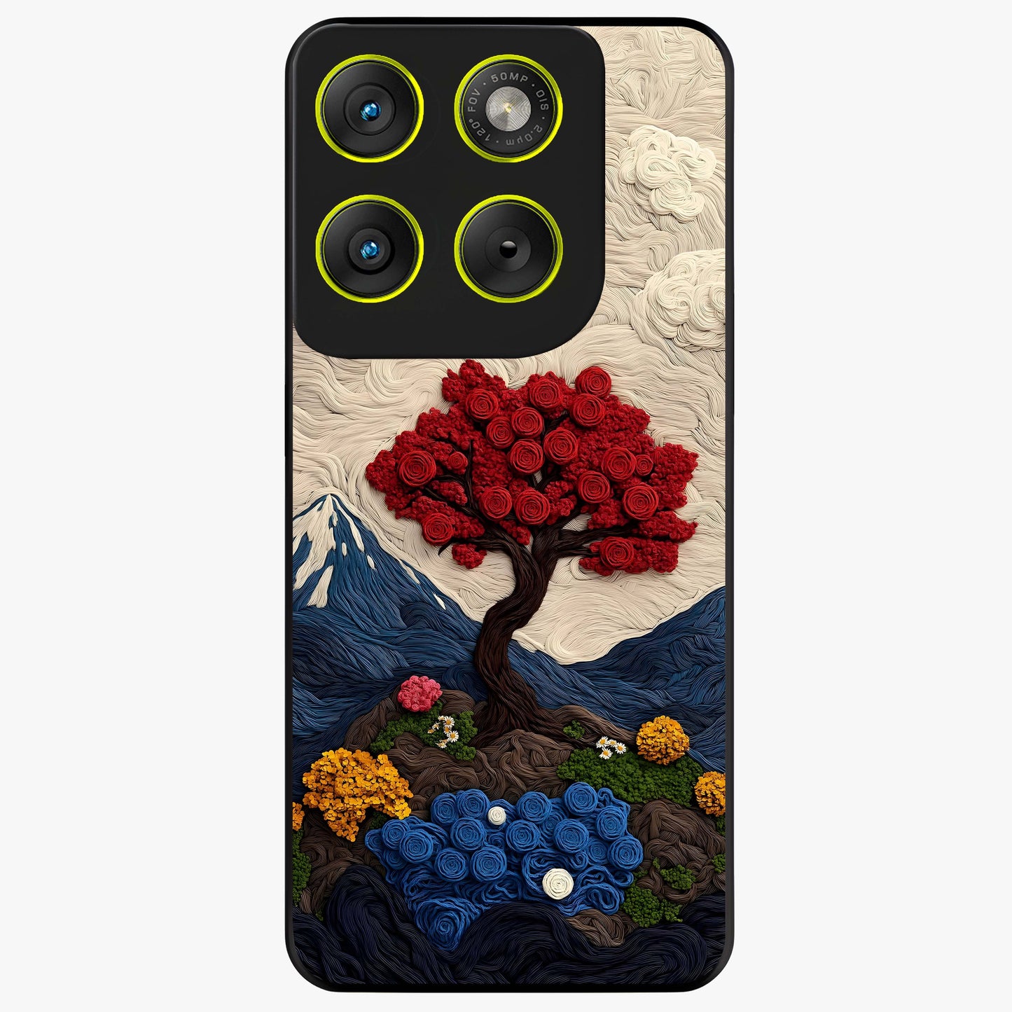 Eternal Nature Tapestry Glass Case showing flat back view with intricate nature tapestry artwork and glossy glass finish.