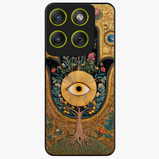 Ethereal Evil Eye Glass Case showing flat back view with mystical evil eye artwork and glossy glass finish.