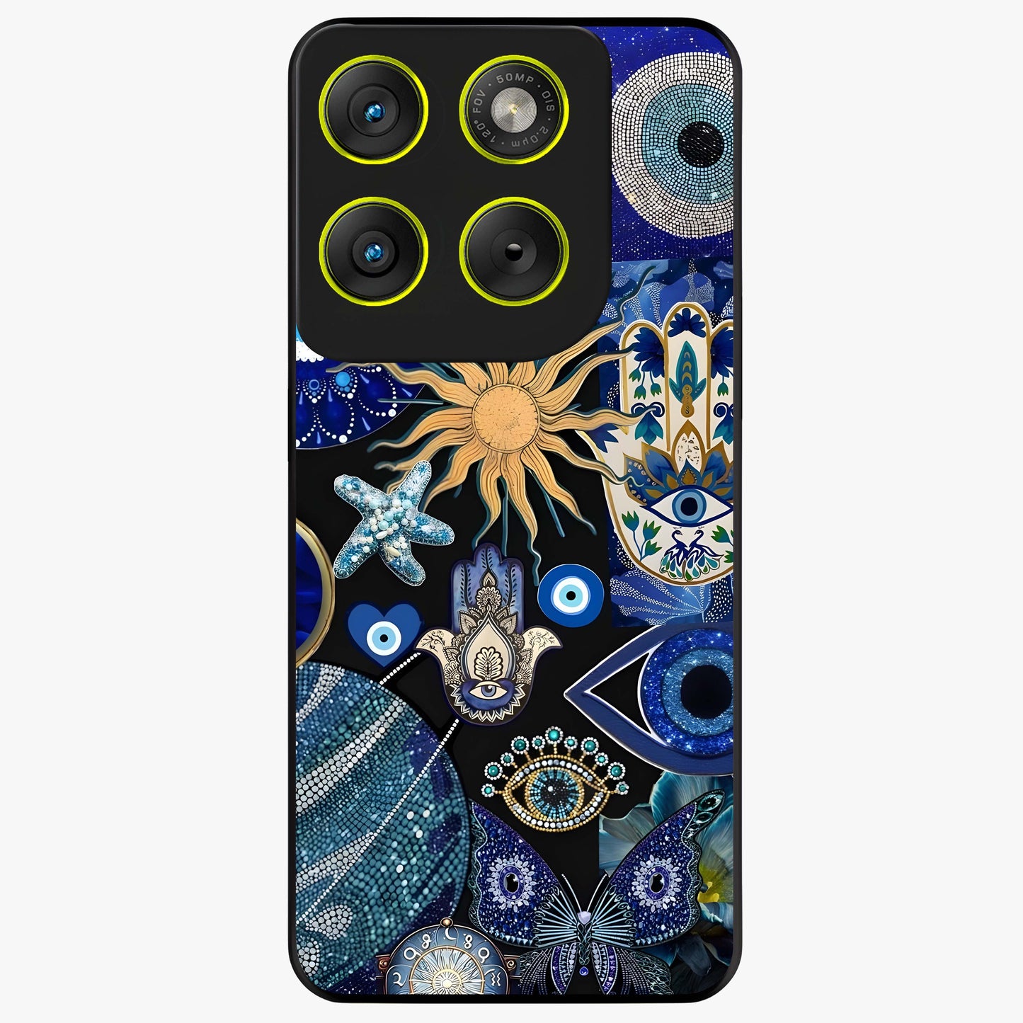 Evil Eye Charm Mix Glass Case showing flat back view with multiple evil eye charms artwork and glossy glass finish.