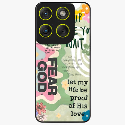Faith Over Fear Glass Case showing flat back view with motivational typography artwork and glossy glass finish.