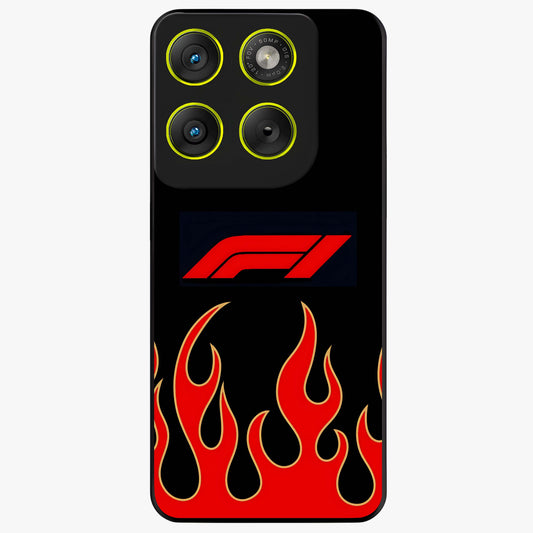 Fire F11 Glass Case showing flat back view with fiery themed artwork and glossy glass finish.
