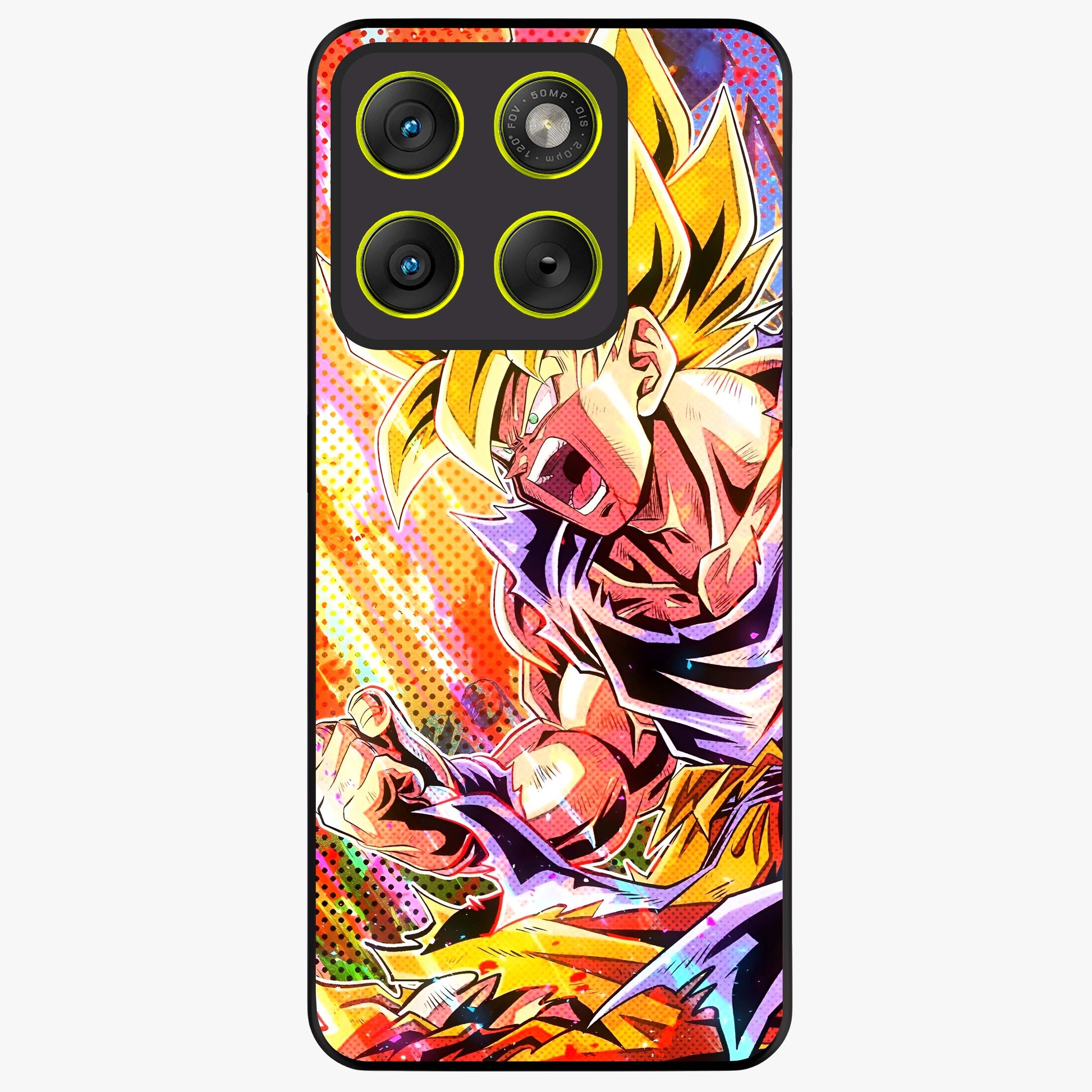 Firing Goku Glass Case showing flat back view with powerful anime inspired artwork and glossy glass finish.