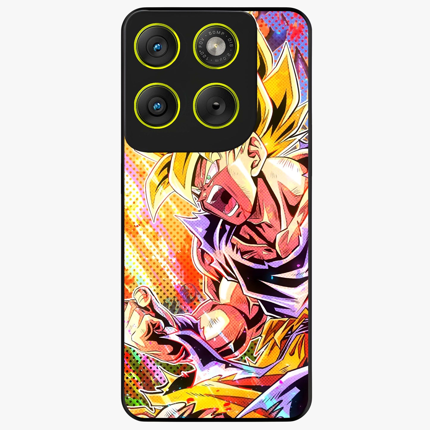 Firing Goku Glass Case showing flat back view with powerful anime inspired artwork and glossy glass finish.