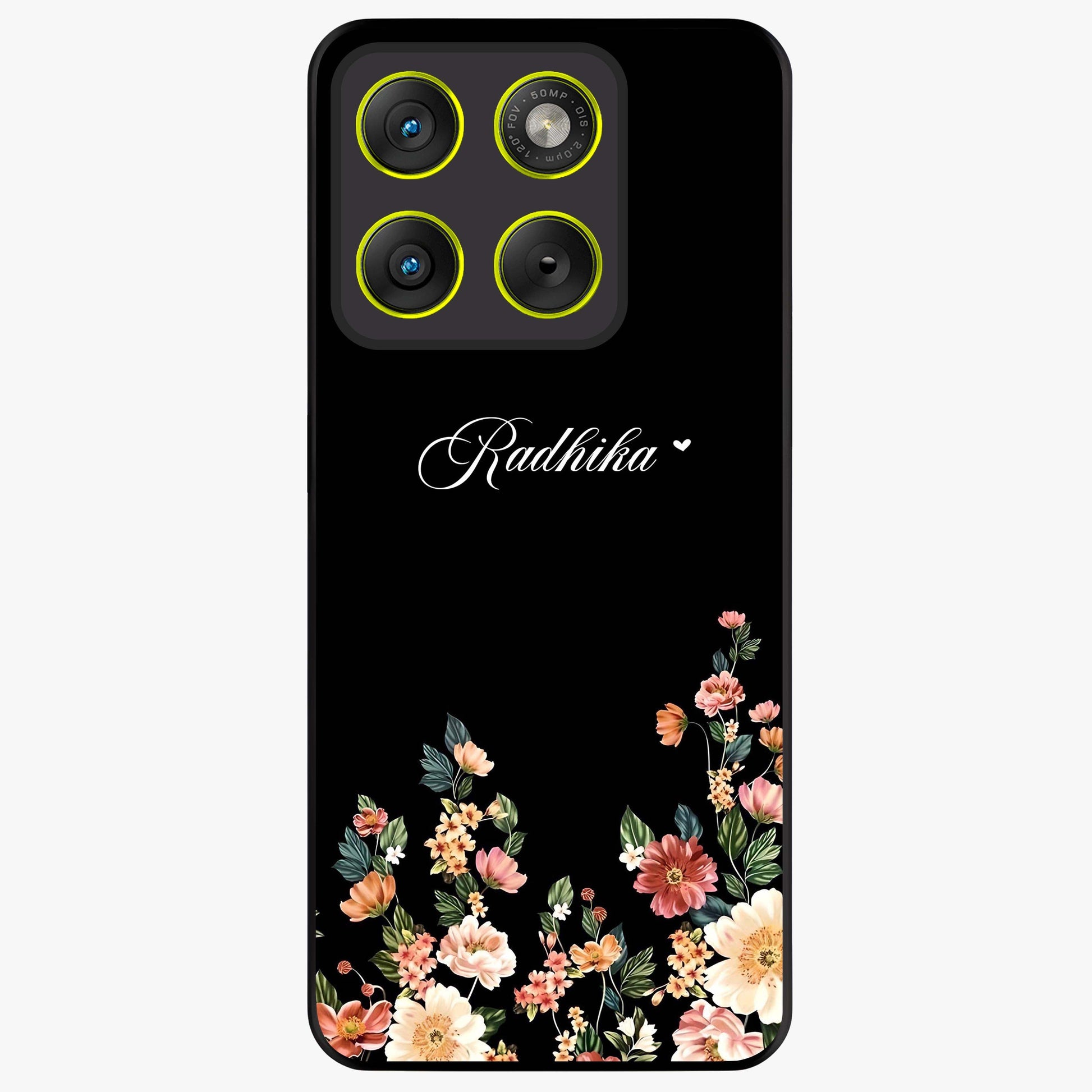 Floral Design With a Custom Personalized Name Glass Case showing flat back view with floral artwork and personalized name design.