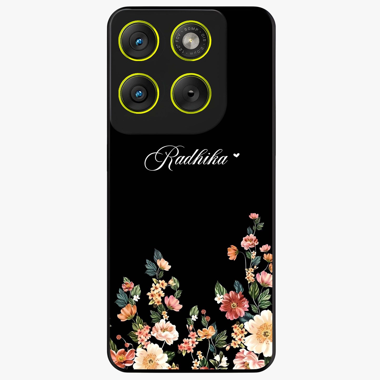 Floral Design With a Custom Personalized Name Glass Case showing flat back view with floral artwork and personalized name design.