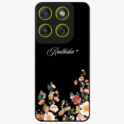 Floral Design With a Custom Personalized Name Glass Case showing flat back view with floral artwork and personalized name design.