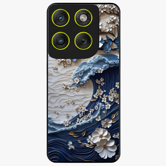 Floral Wave Origami Glass Case showing flat back view with origami inspired floral wave artwork and glossy glass finish.