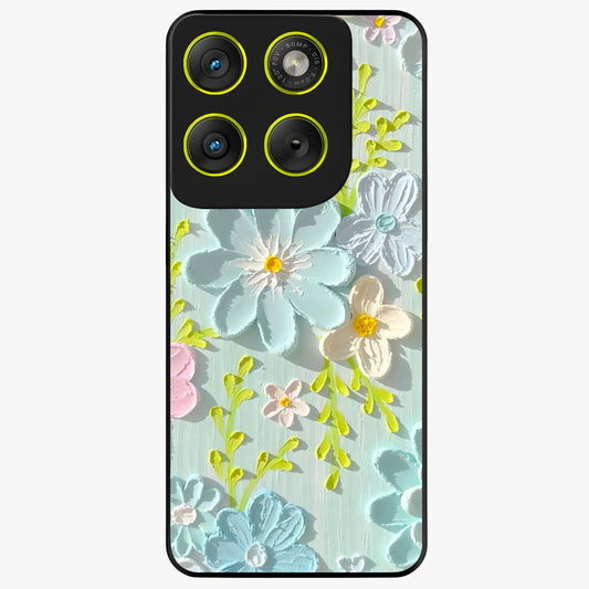 Frosted Petal Garden Glass Case showing flat back view with soft frosted floral artwork and glossy glass finish.