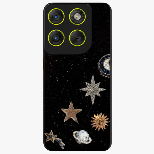 Galactic Charm Glow Glass Case showing flat back view with glowing celestial charm artwork and glossy glass finish.