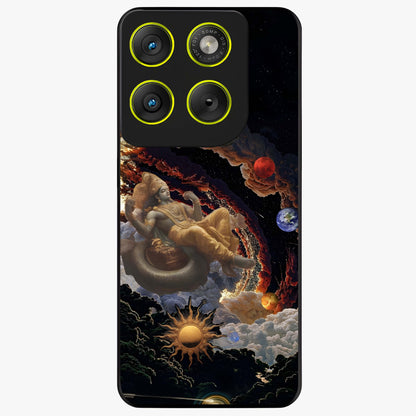 Galactic Divine God Glass Case showing flat back view with divine cosmic themed artwork and glossy glass finish.