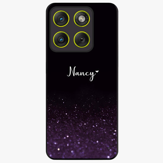 Glittery Purple Bokeh Custom Name Glass Case showing flat back view with purple bokeh sparkle artwork and personalized name design.