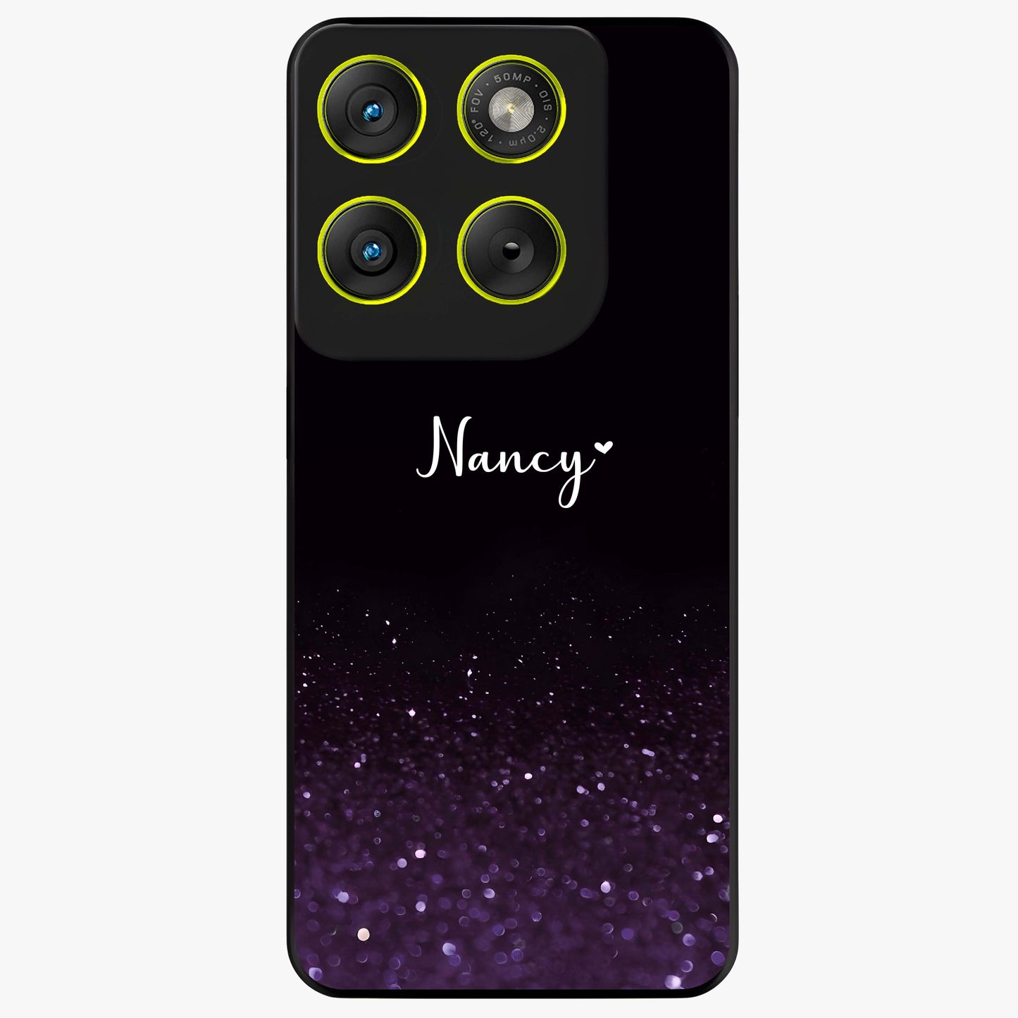 Glittery Purple Bokeh Custom Name Glass Case showing flat back view with purple bokeh sparkle artwork and personalized name design.