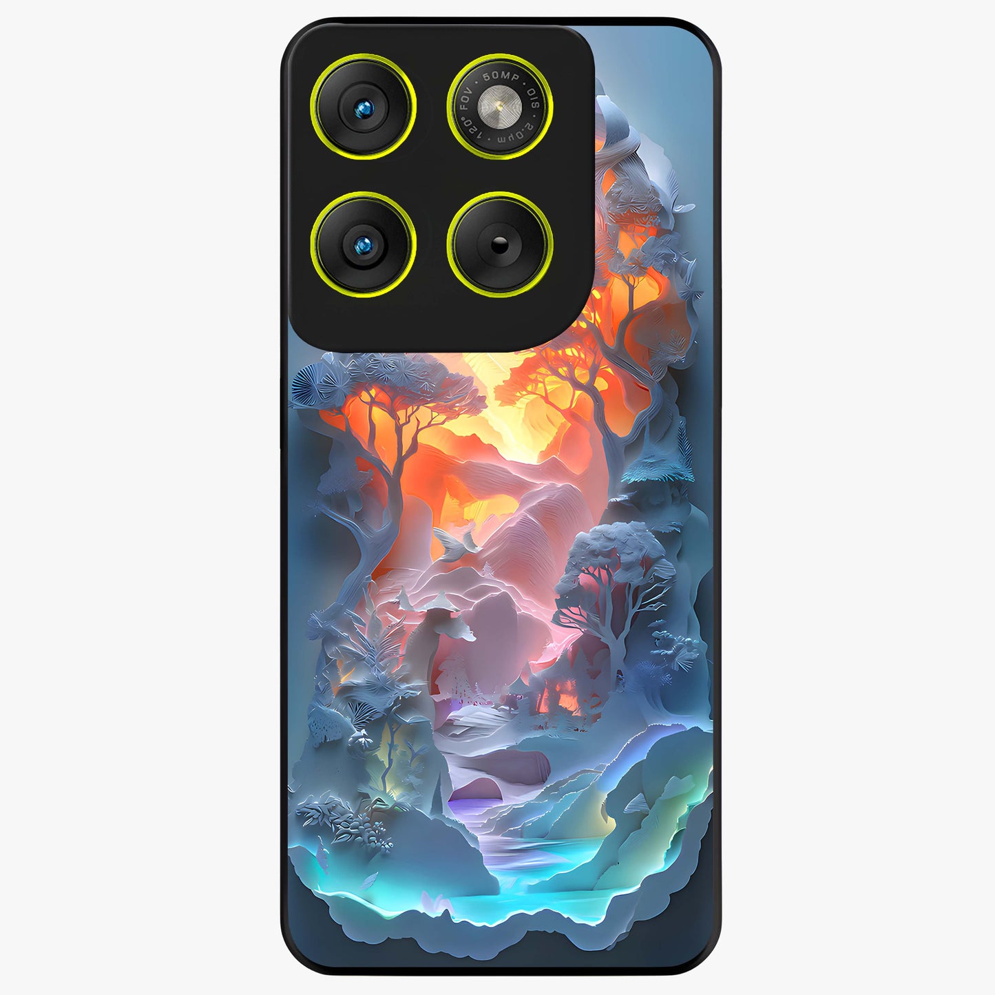 Glow Forest Portal Glass Case showing flat back view with glowing forest portal artwork and glossy glass finish.