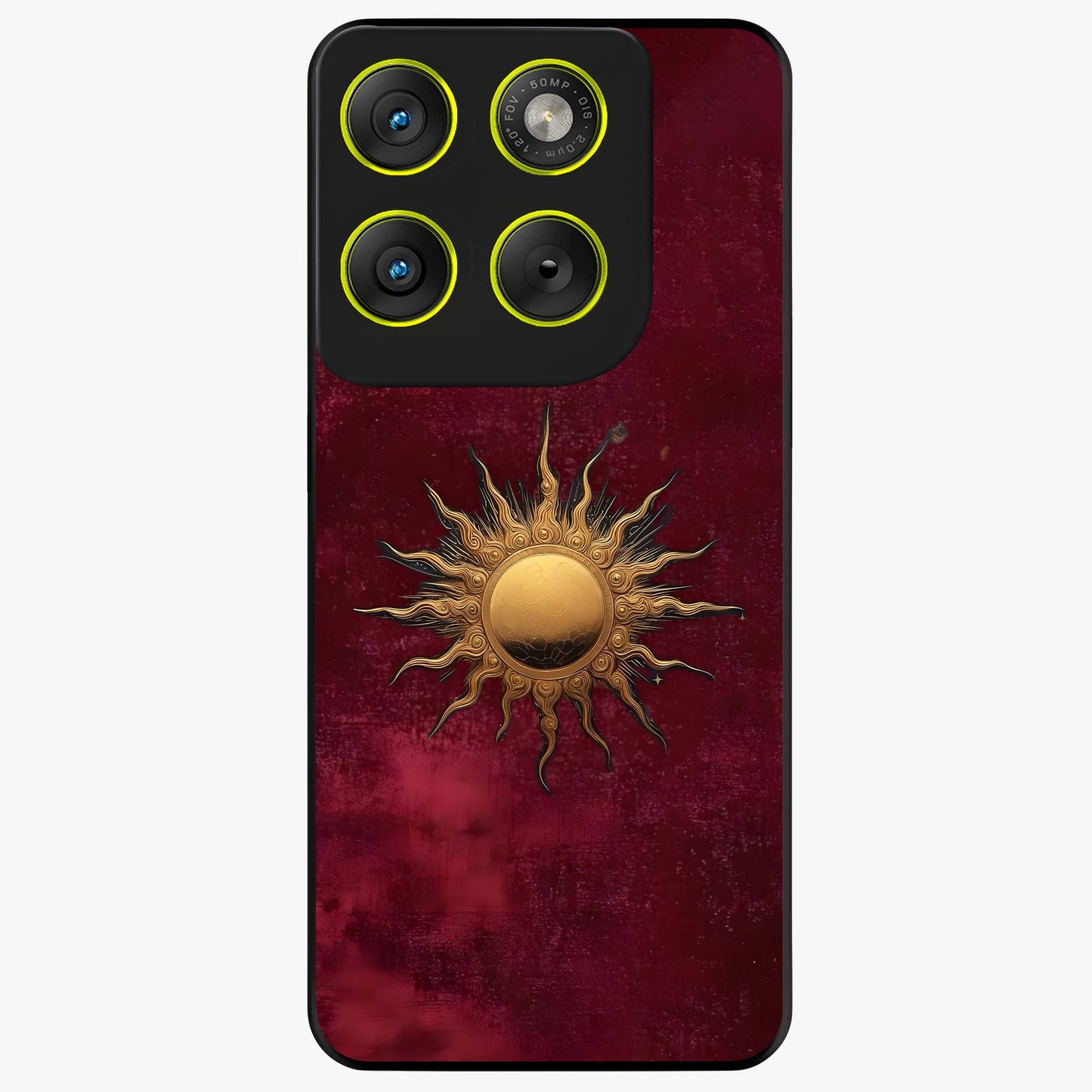 Gold Sun Blush Glass Case showing flat back view with golden sun inspired artwork and glossy glass finish.