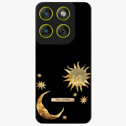 Golden Celestial Charm Glass Case showing flat back view with golden celestial charm artwork and glossy glass finish.