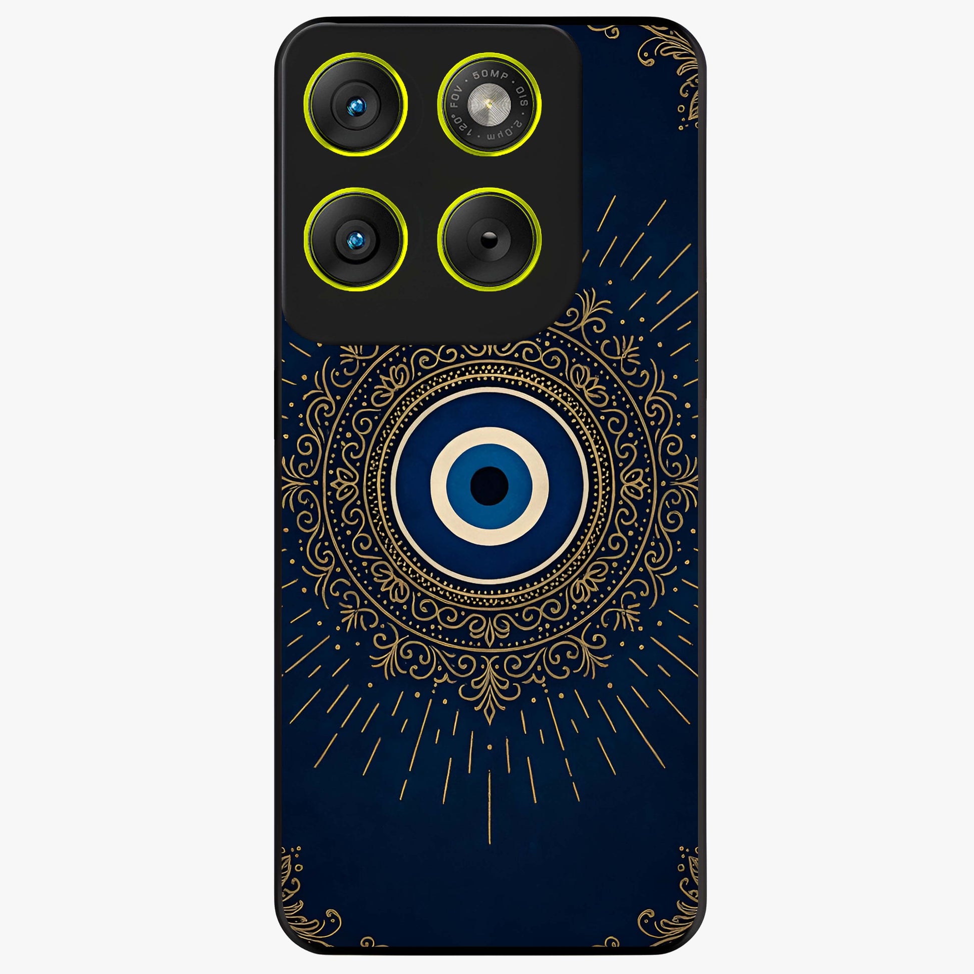 Golden Evil Eye Mandala Glass Case showing flat back view with intricate evil eye mandala artwork and glossy glass finish.