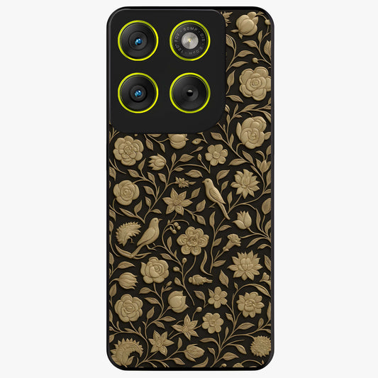 Golden Floral Majesty Glass Case showing flat back view with luxurious golden floral artwork and glossy glass finish.