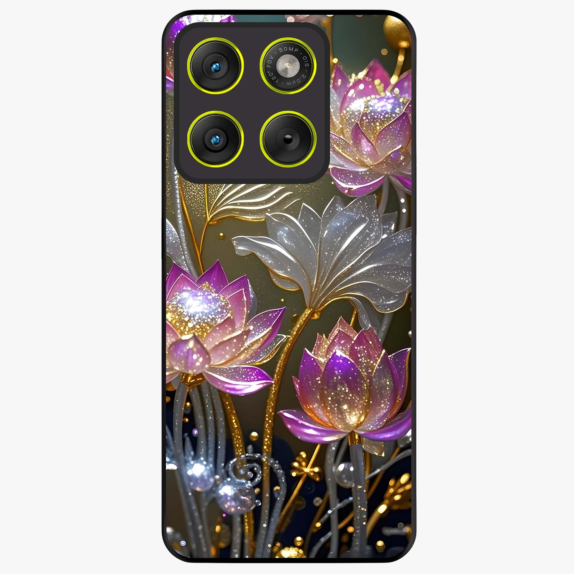 Golden Lotus Glow Glass Case showing flat back view with glowing lotus flower artwork and glossy glass finish.